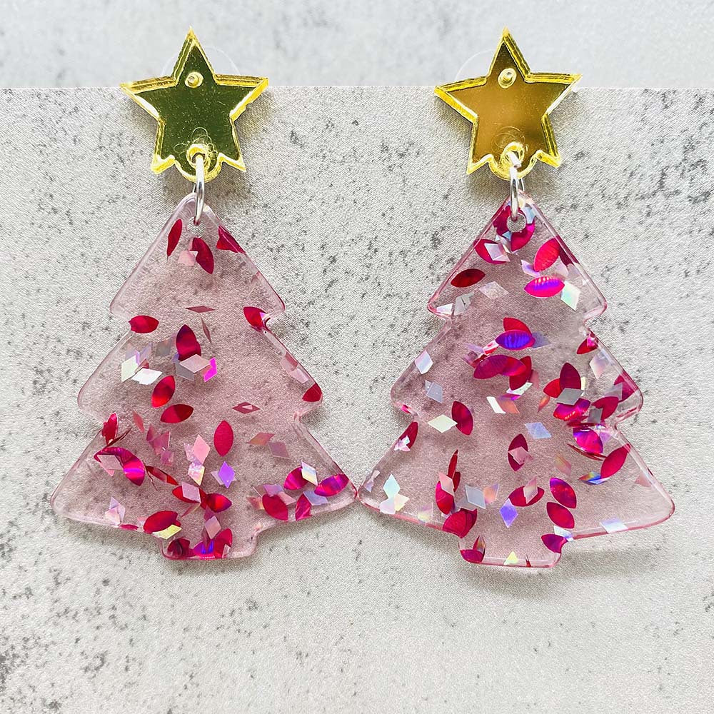 Wholesale Christmas Pink Christmas Tree Five-pointed Star Acrylic Earrings ACC-ES-ChenY071