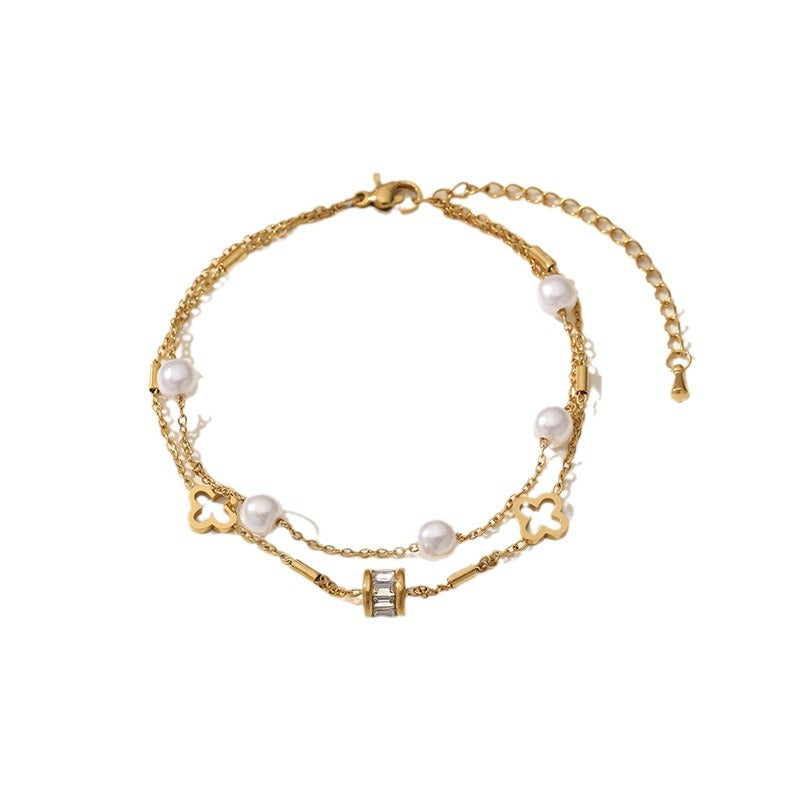 Wholesale Fashion Transfer Beads Pearl Hollow Flower Zircon Double-Layer Bracelet Titanium Steel Boutique Resale Fashion Accessory