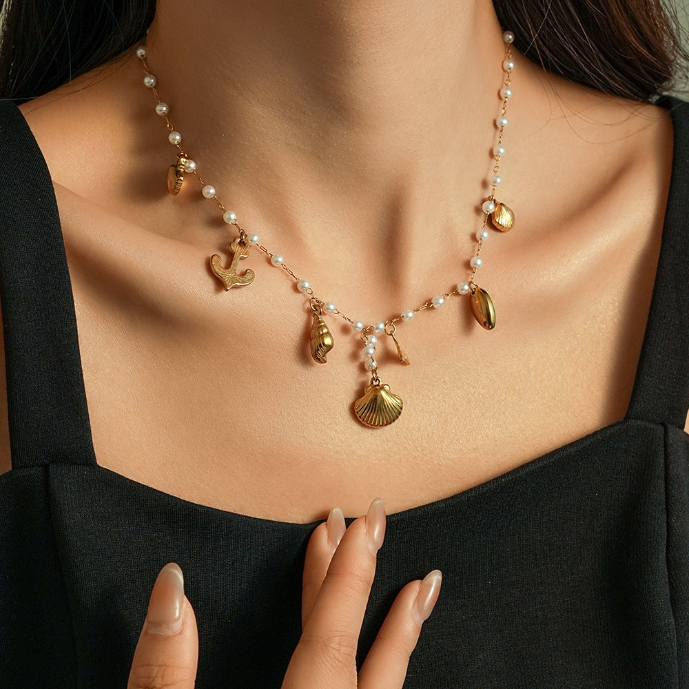 Wholesale  Titanium Steel  Ocean Series Conch Sea Star Dolphin Shell Waterproof Beach Necklace