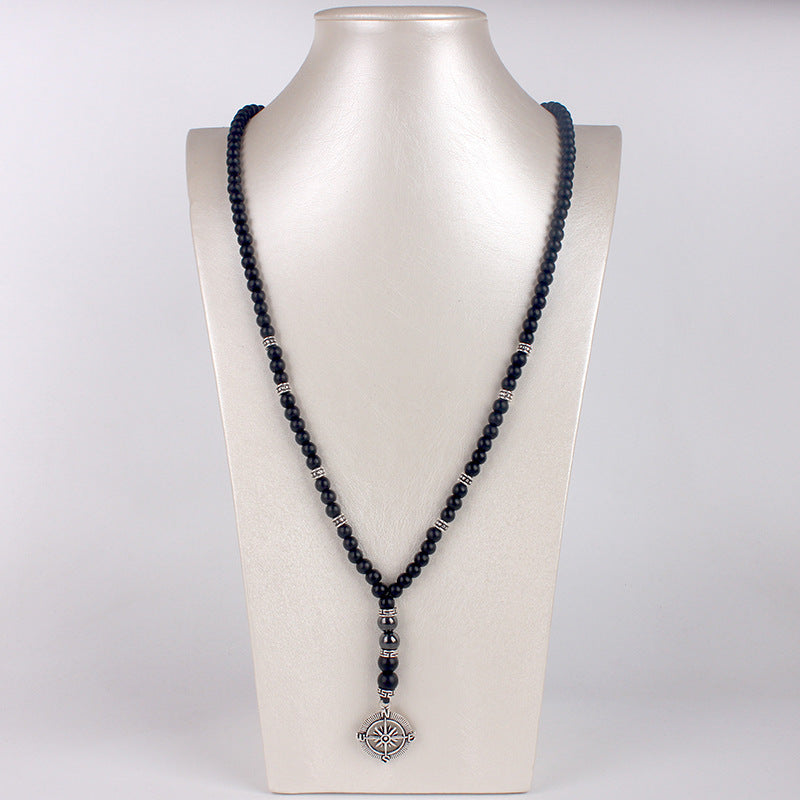 Wholesale matte black agate alloy compass pendant necklace