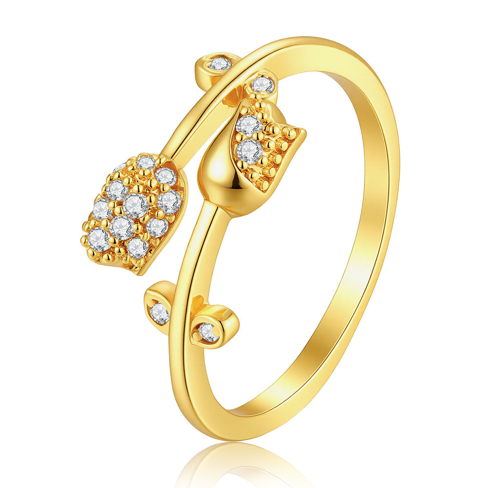 Wholesale Chic Gold Floral Leaf Open Adjustable Ring Zircon Crystal Fashion Jewelry Accessory For Everyday Wear