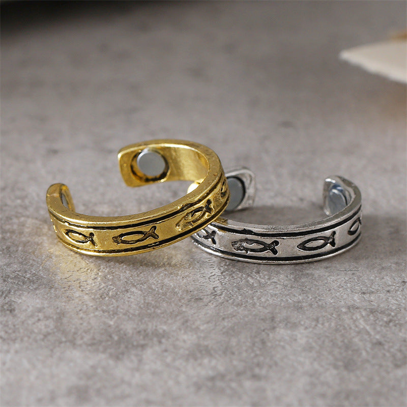 Wholesale Vintage Fish Pattern Magnetic Ring Gold Tone Zinc Alloy Fashion Accessory For Resale