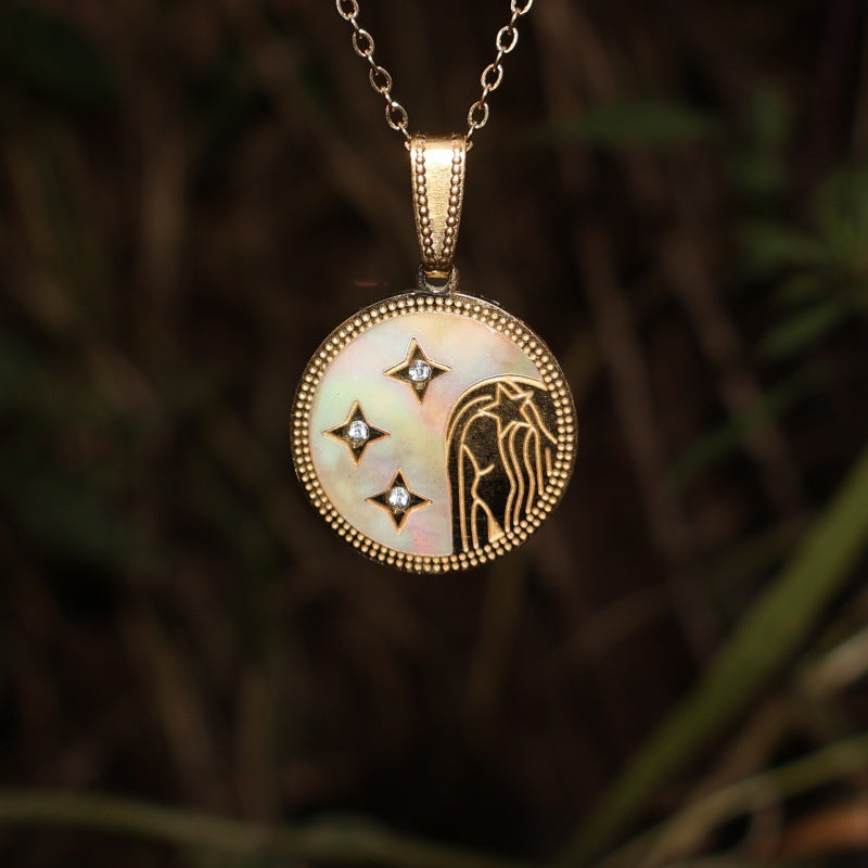 Wholesale Zodiac Diamond Round Shell Stainless Steel Pendant Necklace 18K Gold Plated