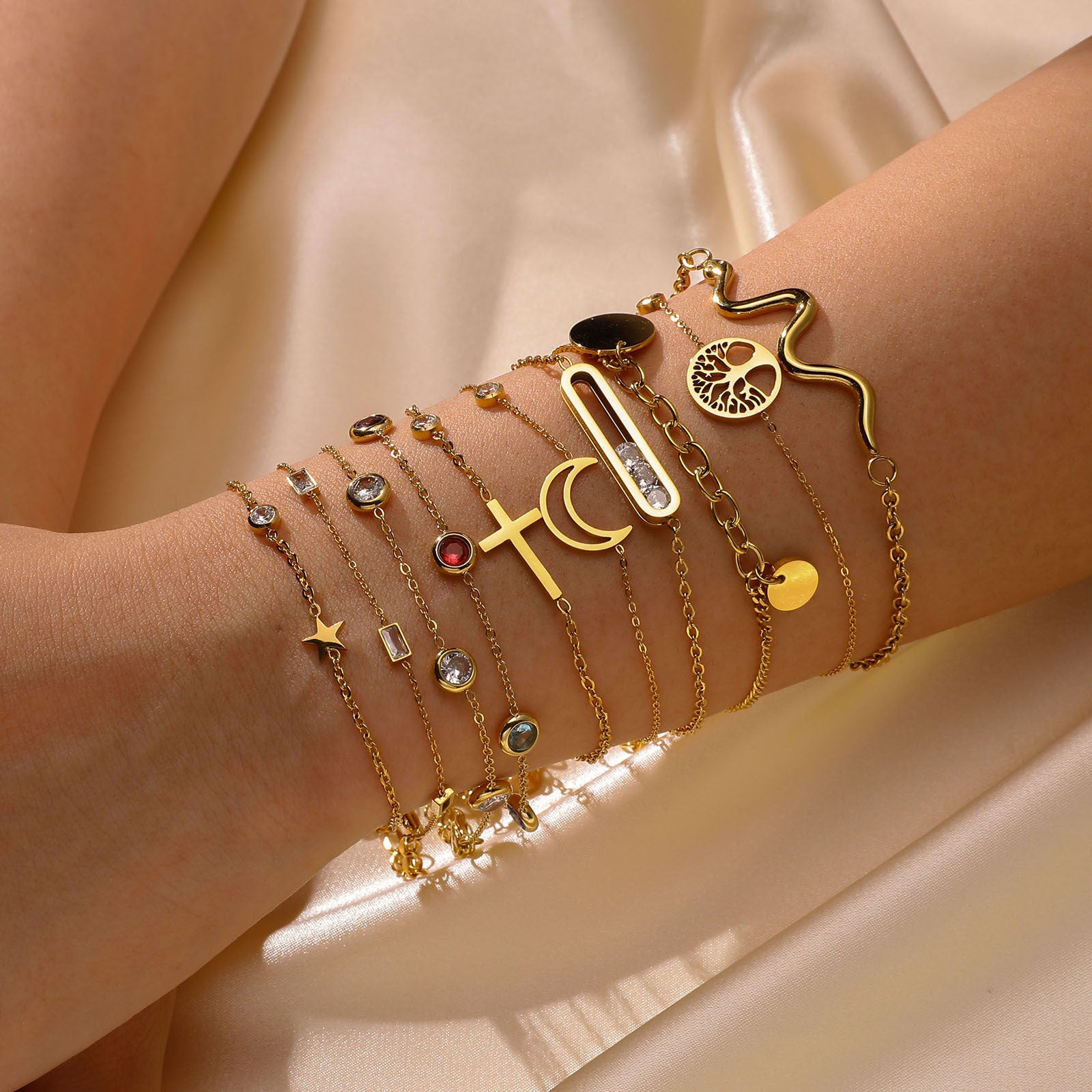 Wholesale Trendy Geometric Gold Stainless Steel Bracelet With White Colorful Zircon For Women Fashion Accessory Gift