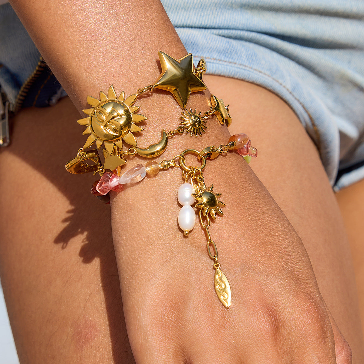 Wholesale 18K Gold Stainless Steel  Pearl Turquoise Star Pendant  Bracelet