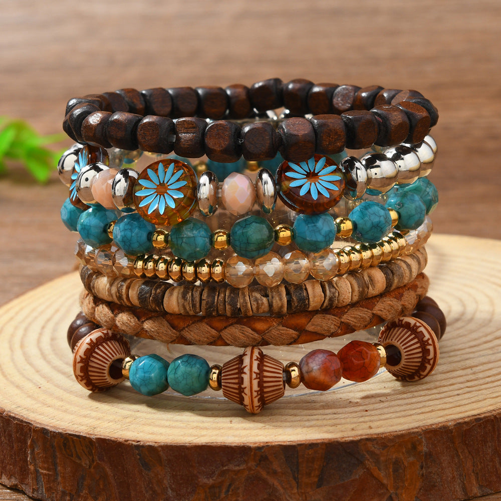 Wholesale Bohemian Multi-Layer Braided Bracelet Vintage Turquoise Tassel Beads Trendy Jewelry Accessory for Women
