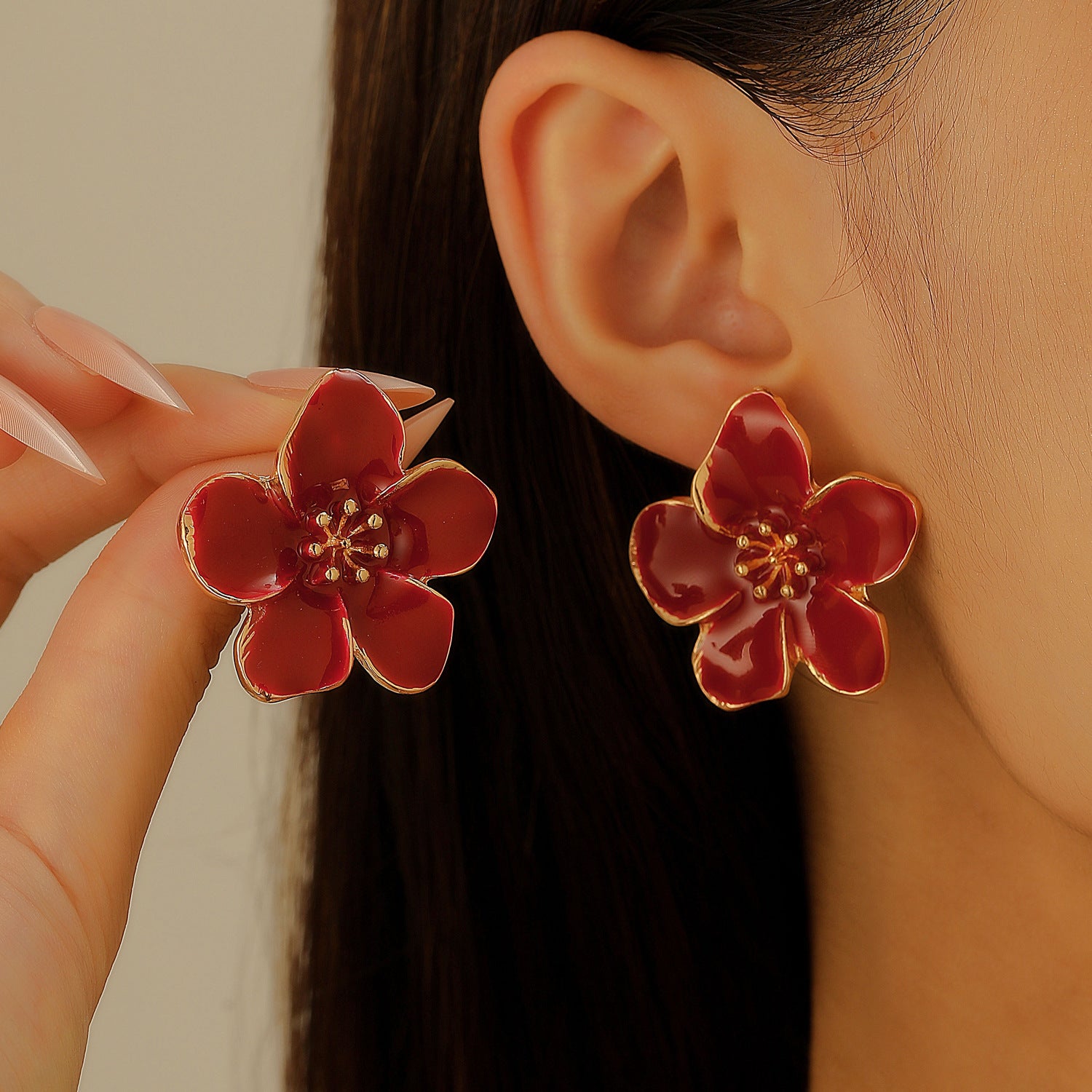 Wholesale Stylish Flower Earrings For Women Double Layer Petal Colorful Dripping Oil Zinc Alloy Everyday Jewelry Accessory