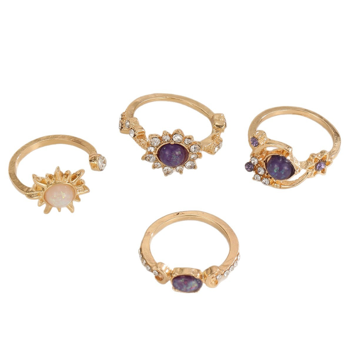Wholesale Vintage Purple Gemstone Geometric Ring Set For Women Gold Tone Alloy 4 Pieces Chic Everyday Jewelry Accessory