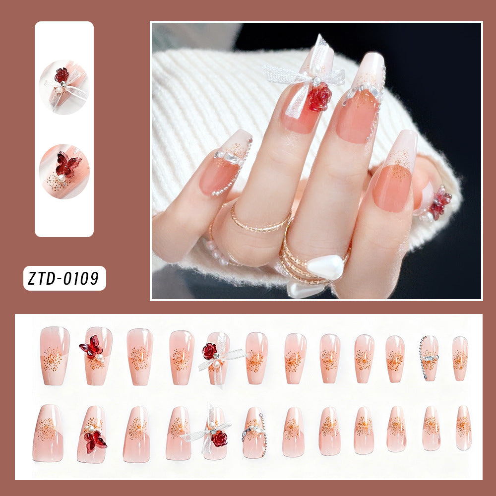 Wholesale Cartoon Bowknot Rhinestone Almond Short Square Press On Nails 24Pcs Trendy Fashion Accessory