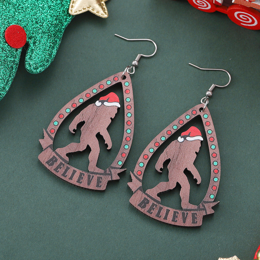 Wholesale Christmas Santa hat Bigfoot water drop hollow pendant earrings