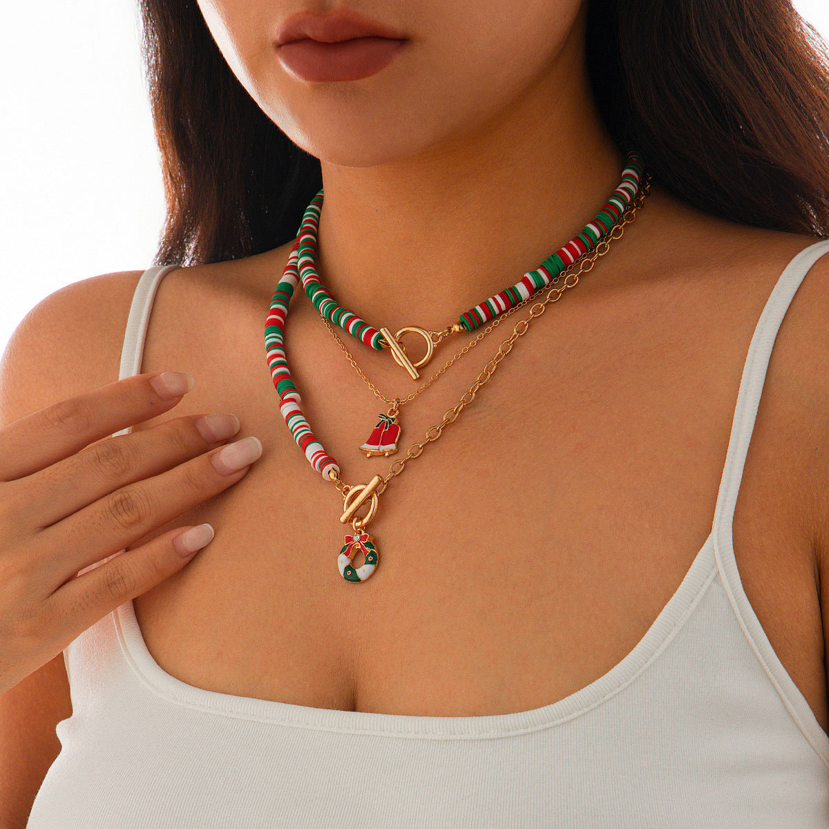 Wholesale Christmas Polymer Clay OT Buckle Alloy Necklace Choker Necklaces 3-piece Set ACC-NE-XueRou007