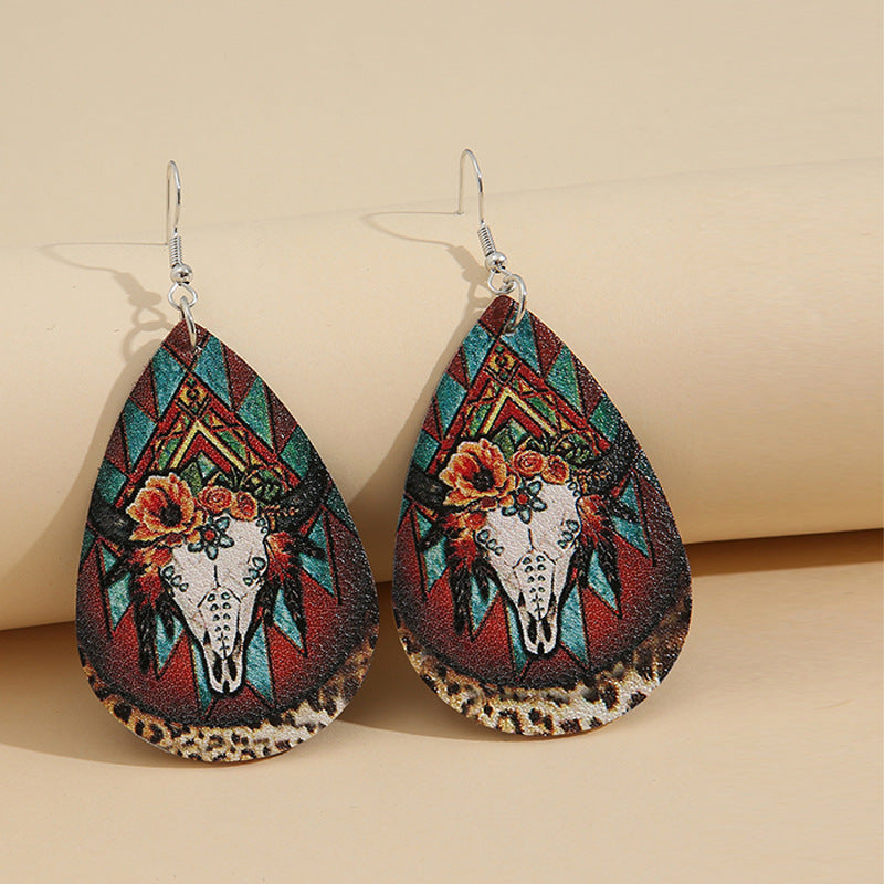 Wholesale Vintage Western Cow Head Rose Sunflower Leather Earrings Fashion Accessory Gift