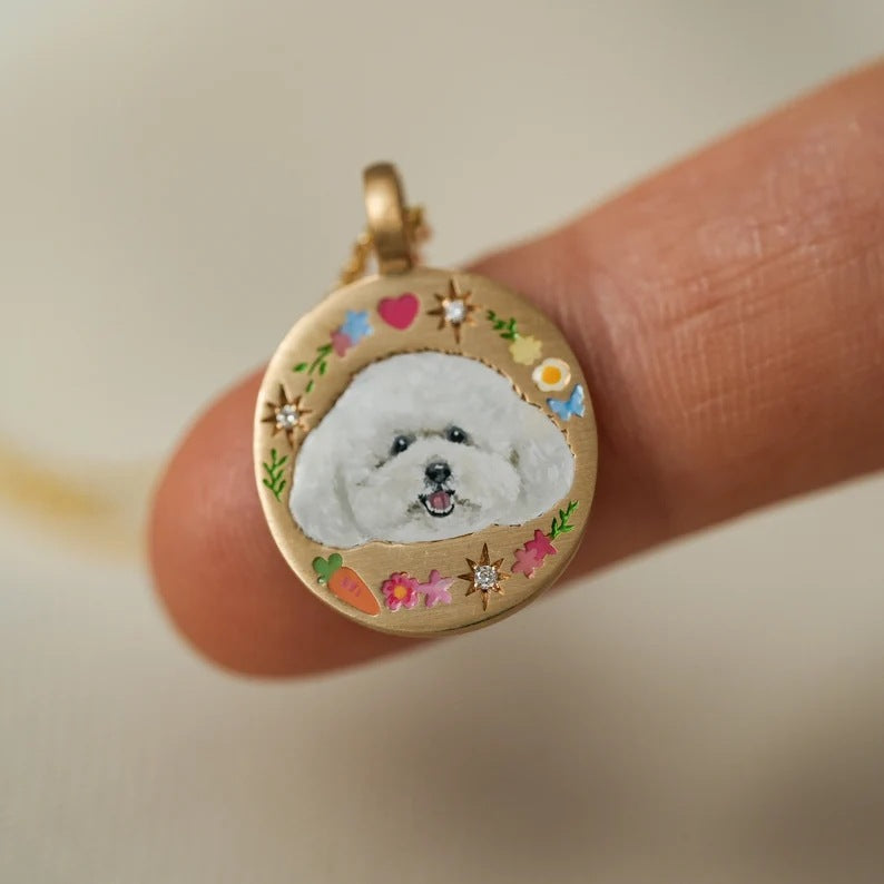 Wholesale CHand-Painted Copper Oval Tarot Card Necklace with Enamel Puppy Motif