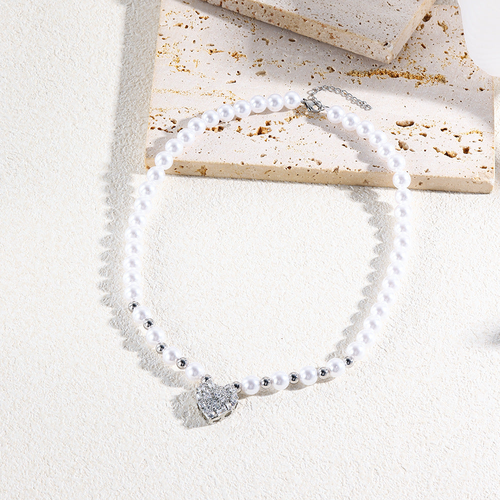 Wholesale  Love Zircon Pearl Necklace  Copper Plated 18K Gold Ladies Pearl Necklace