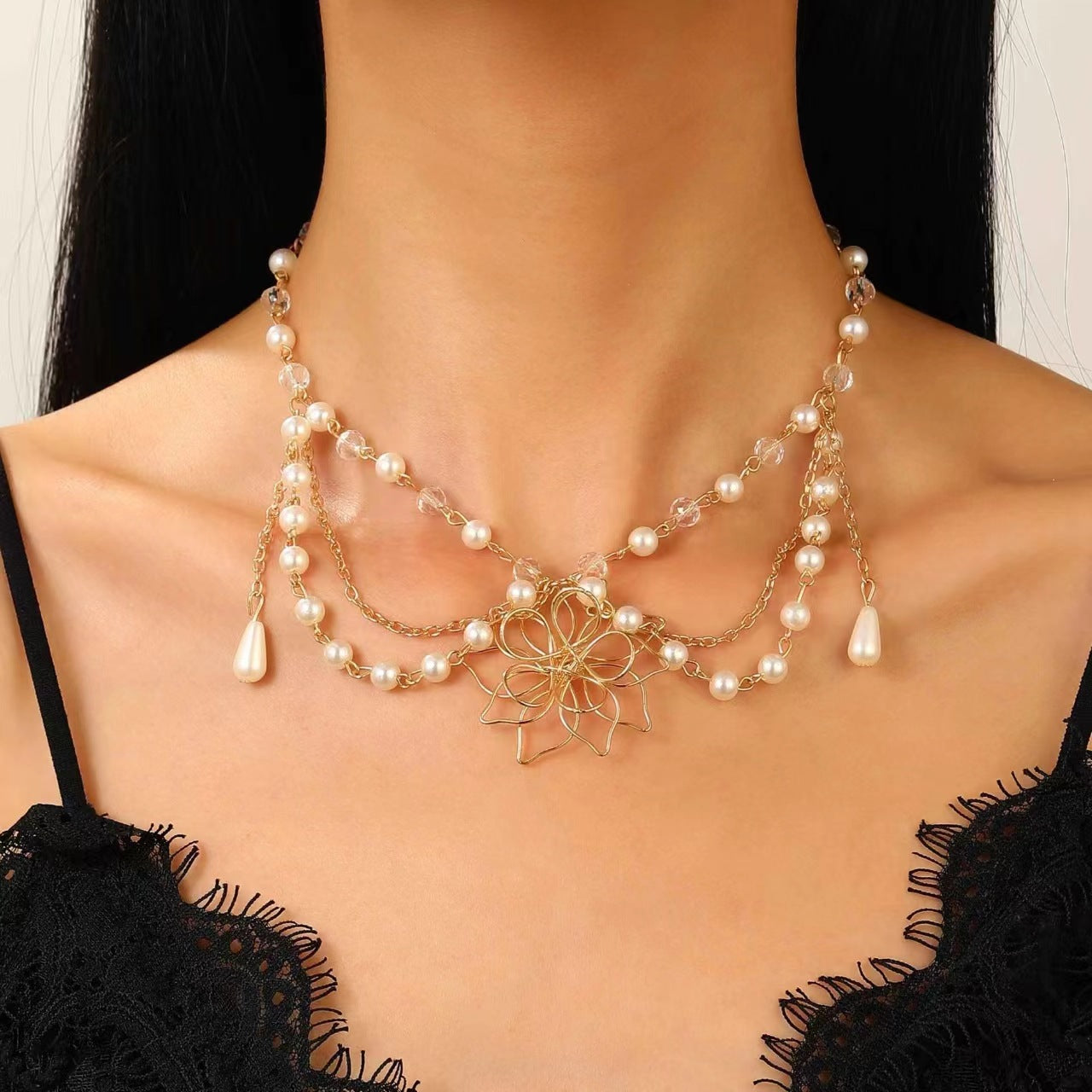 Wholesale Fashion Layered Imitation Pearl Cross Heart Butterfly Necklace Alloy Jewelry for Women