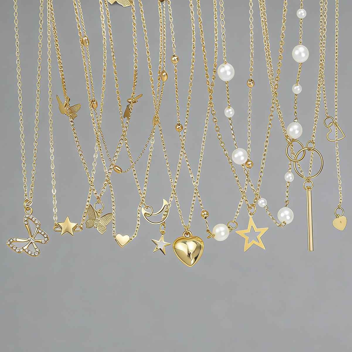 Wholesale Butterfly Heart Pendant Layered Necklace Set Gold Tone Fashion Jewelry Accessory Gift For Women Boutique Resale