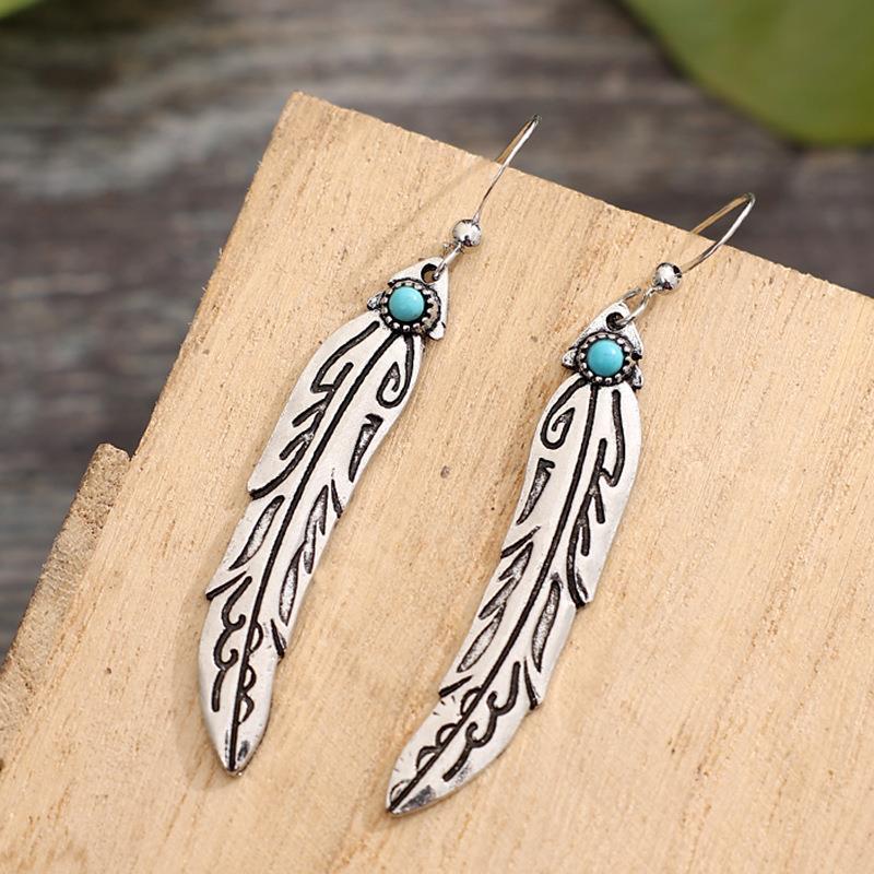 Wholesale  retro ethnic style feather turquoise earrings