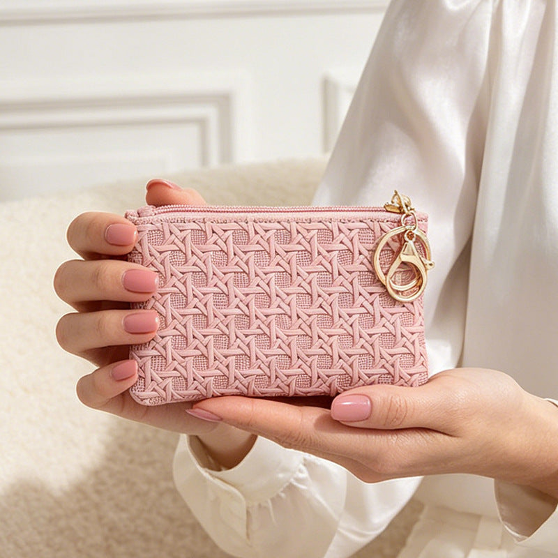 Wholesale Trendy Woven Coin Purse For Women PU Leather Solid Black Keychain Wallet Fashion Accessory