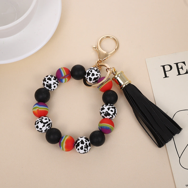 Wholesale Retro Silicone Bead Bracelet Keychain With PU Tassel Mint Green Geometric Print Chic Fashion Accessory For Everyday Use