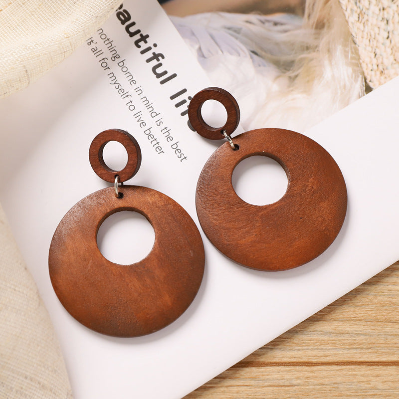 Wholesale Retro Coffee Wooden Earrings Ethnic Style Round Hand Knitted Jewelry Accessory