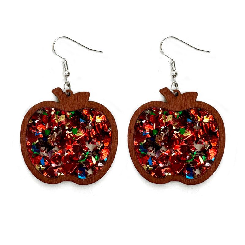 Wholesale Wood Frame Inlaid Acrylic Glitter Apple Earrings ACC-ES-XinChuan054