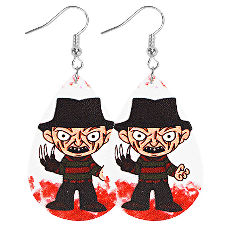 Wholesale Halloween Cute Cartoon Water Drop Shape Leather Earrings for Women Double Sided Printing ACC-ES-Mijun009