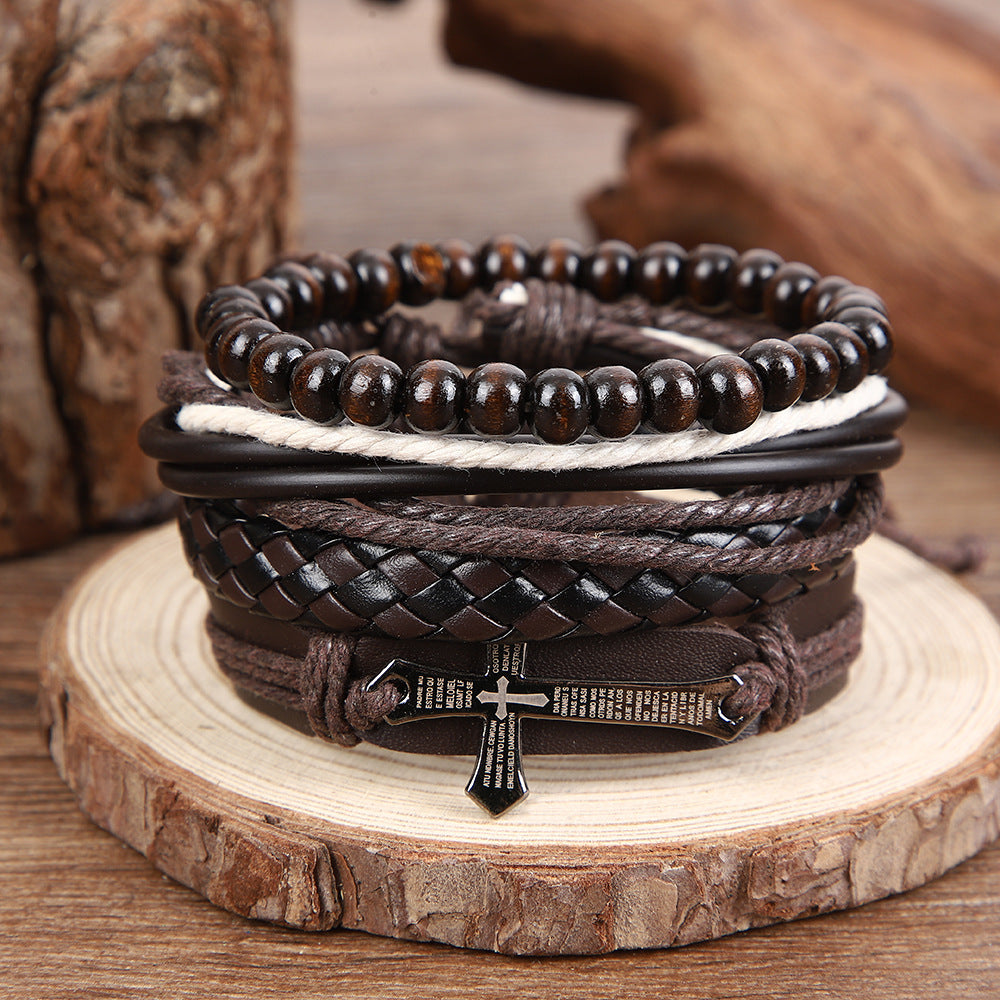 Wholesale Punk Cross Leather Woven Wood Bead Multi Layer Bracelet Retro Unisex Fashion Accessory For Gift