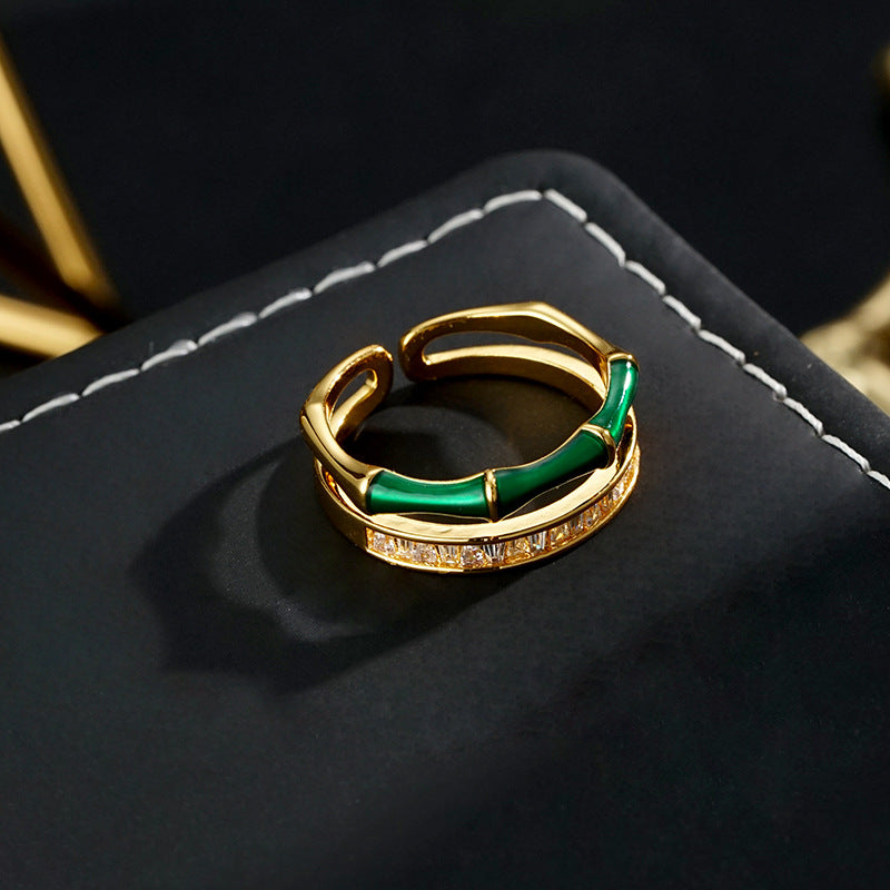 Wholesale Oil Dropping Green Bamboo Set Zircon Opening Ring