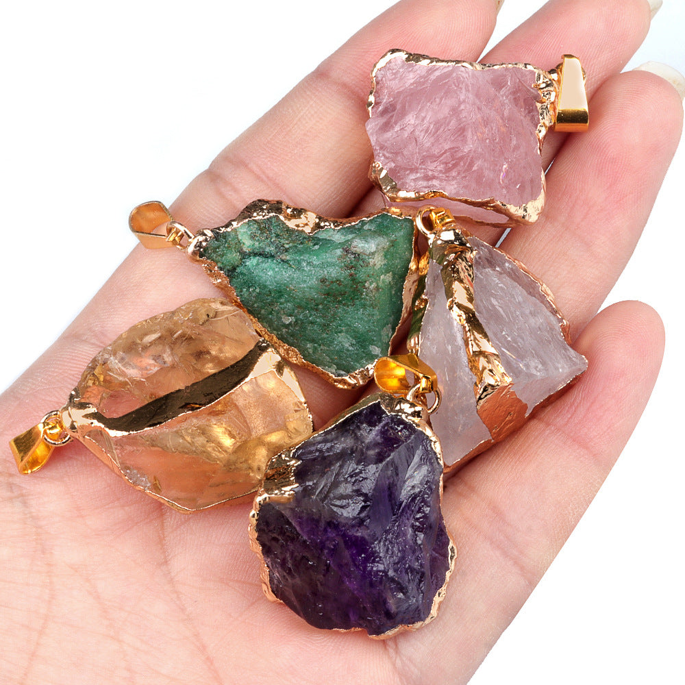 Wholesale 25~35mm Amethyst Original Stone Gold Pendant Yellow Powder White Crystal Irregular Necklace