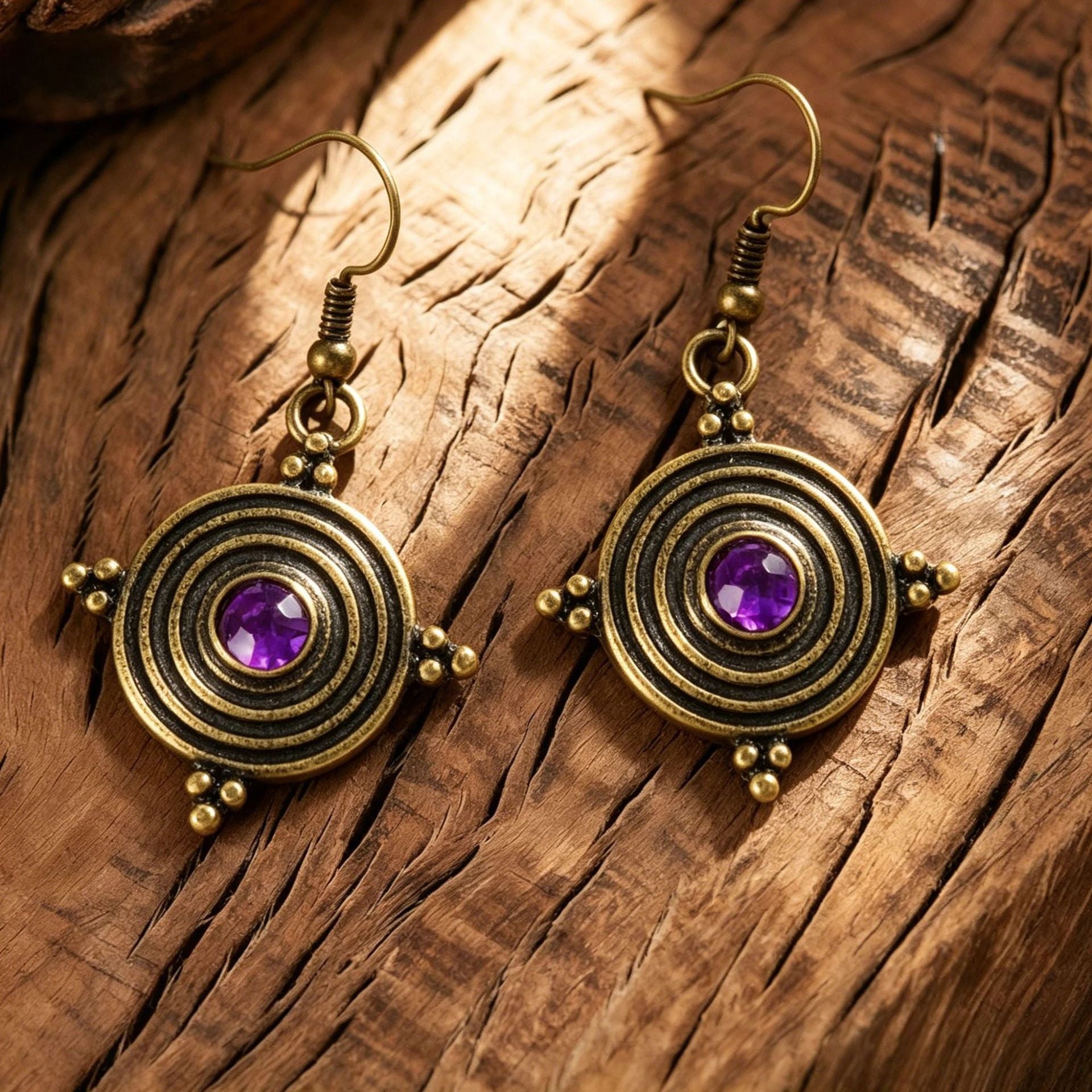 Wholesale Retro Gold Sun Cross Earrings with Purple Gemstone,  Party Wear for Women