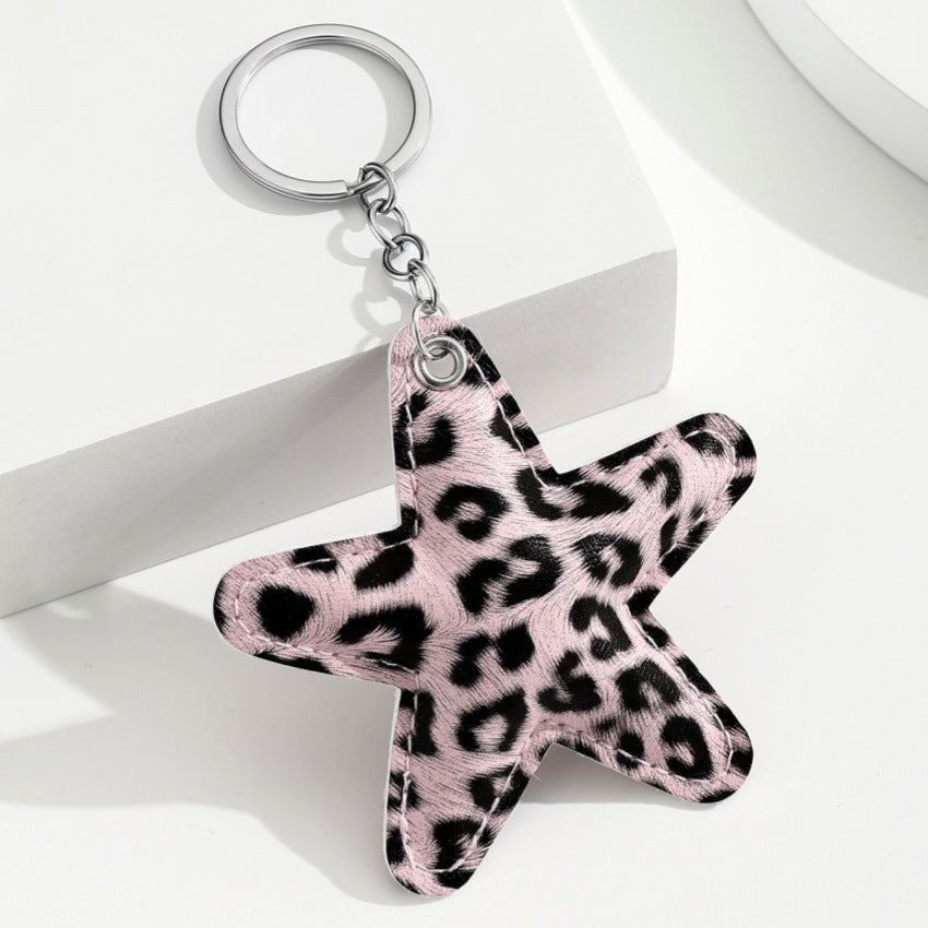 Wholesale Cross-Border Leopard Print Cotton-Filled Pu Five-Pointed Star Keychain Pendant Couple Leather Leopard Print Star Car Bag Pendant