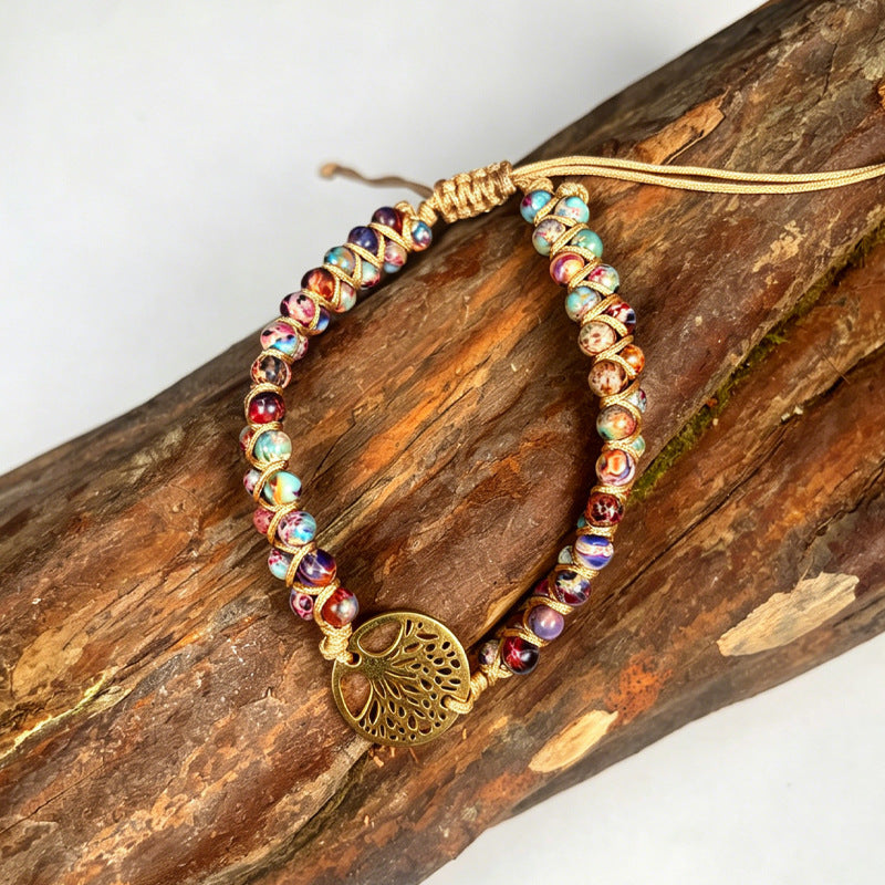 Wholesale Natural Stone Double Layer Woven Bracelet Tree Of Life Blue Turquoise Adjustable Drawstring Stylish Fashion Accessory