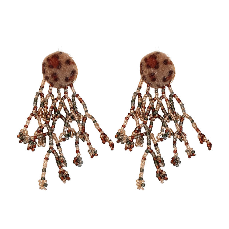 Wholesale Silver needle retro plush leopard print tassel earrings