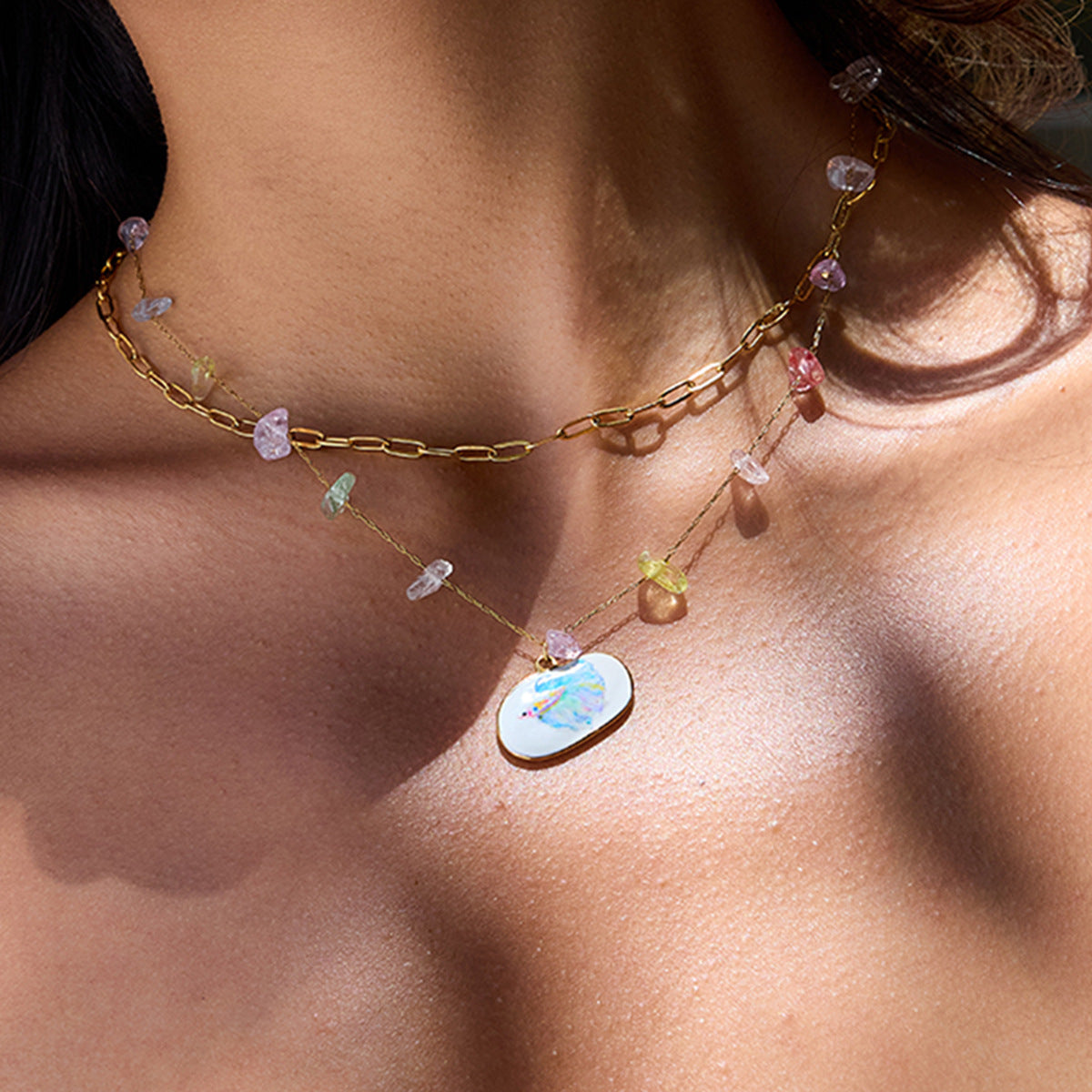 Wholesale 18K Gold Stainless Steel Oval Oil Drop Printed Colorfulful Natural Stone Double-Layer Necklace