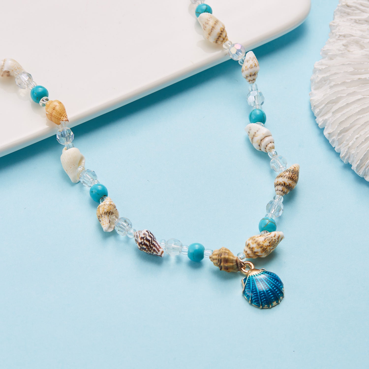 Wholesale  shell conch blue rice beads necklace