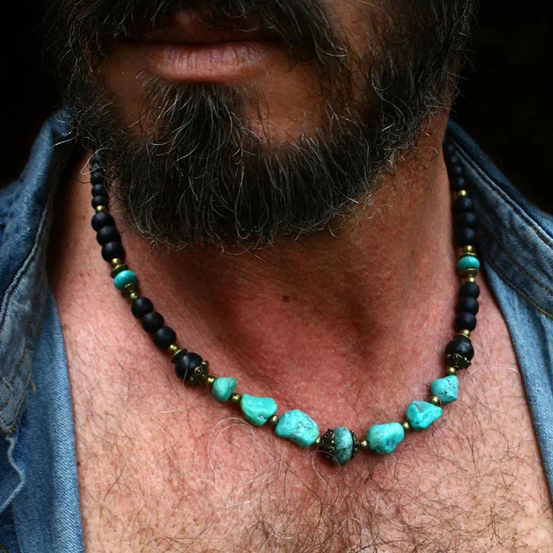 Wholesale Turquoise Volcanic Stone Necklace Ethnic Bohemian Style Men' s Fashion Accessory Gift