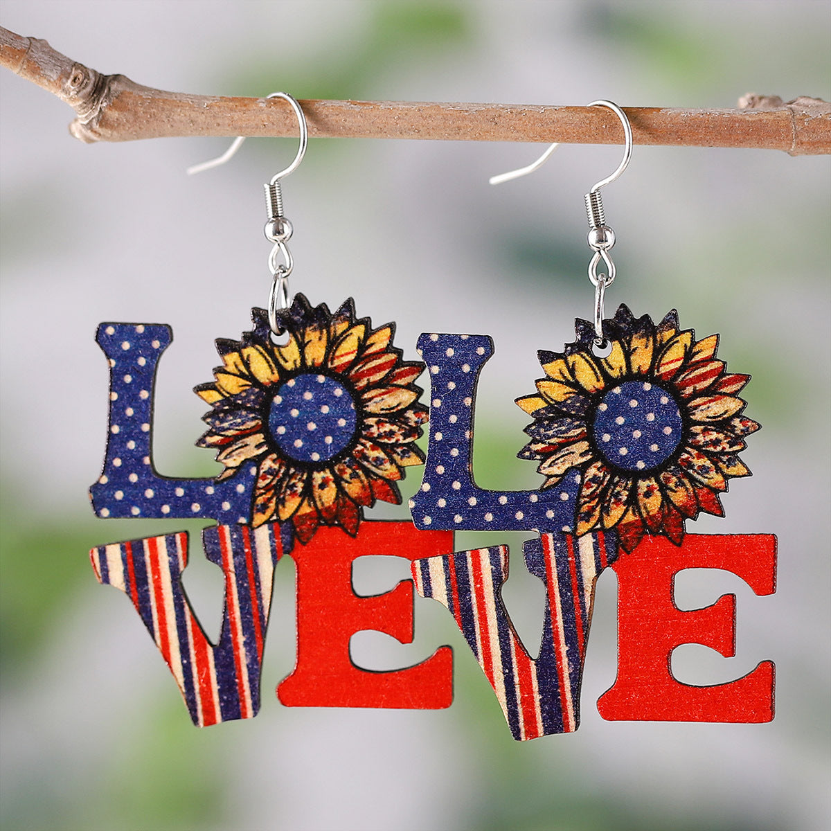 Wholesale American Independence Day Red White Blue Flag Striped Stars Sunflower Double Sided Earrings