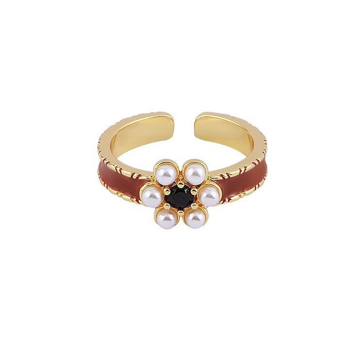 Wholesale Red Blood Oil Vintage Maillard Enamel Pearl Flower Elegant Court Style Opening Adjustable Ring