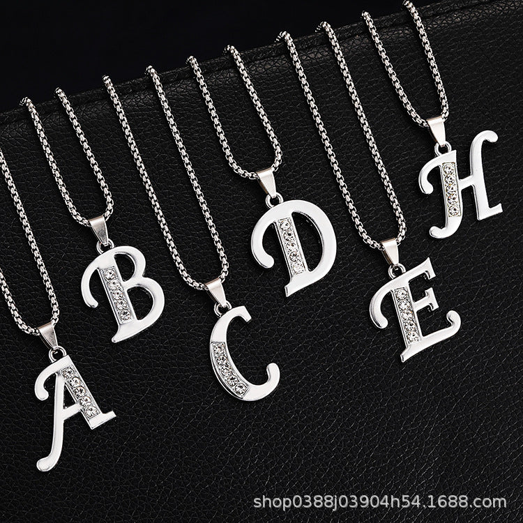 Wholesale Titanium Steel 26 Diamond-Encrusted English Letter Necklaces