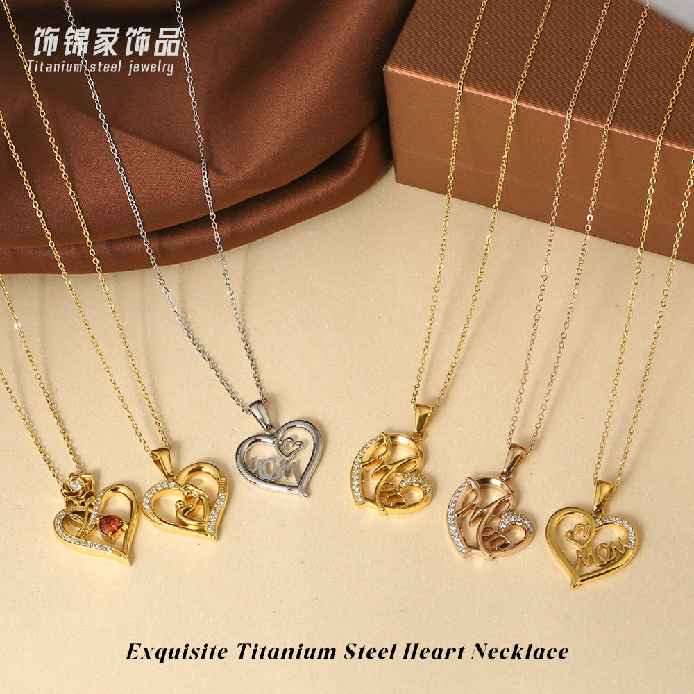 Wholesale Mother' s Day Titanium Steel Heart-Shaped Pendant Necklace with Zircon Inlay