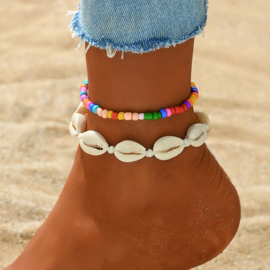 Wholesale  Foot Chain Fashion Rice Beads Hand-woven Shell Adjusting Stacked Foot Accessories  Anklets