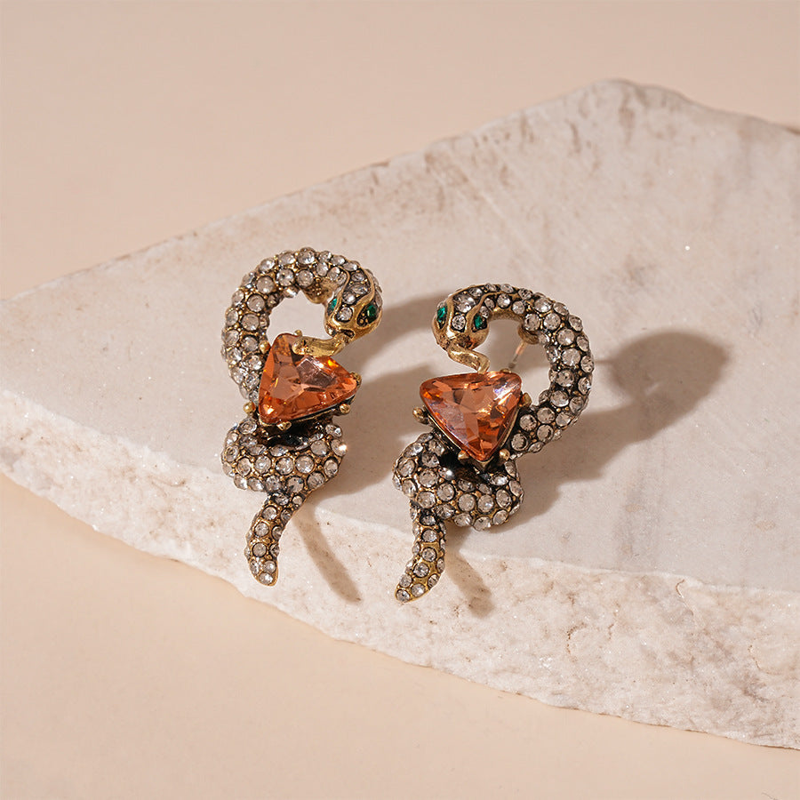 Wholesale Personality Exaggerated Oil Drop Diamond Small Snake Silver Earrings