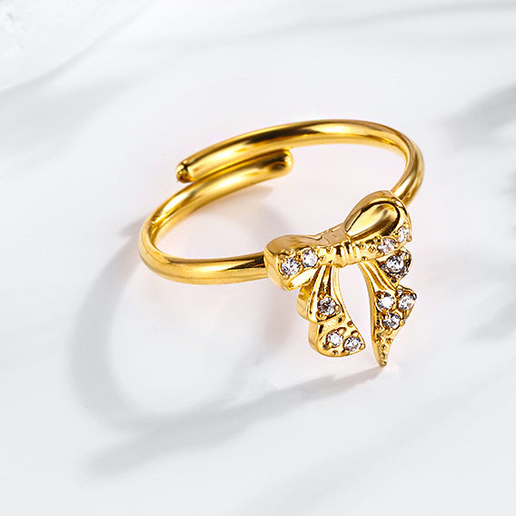 Wholesale 2PCS Steel-titanium bow zircon ring adjustable