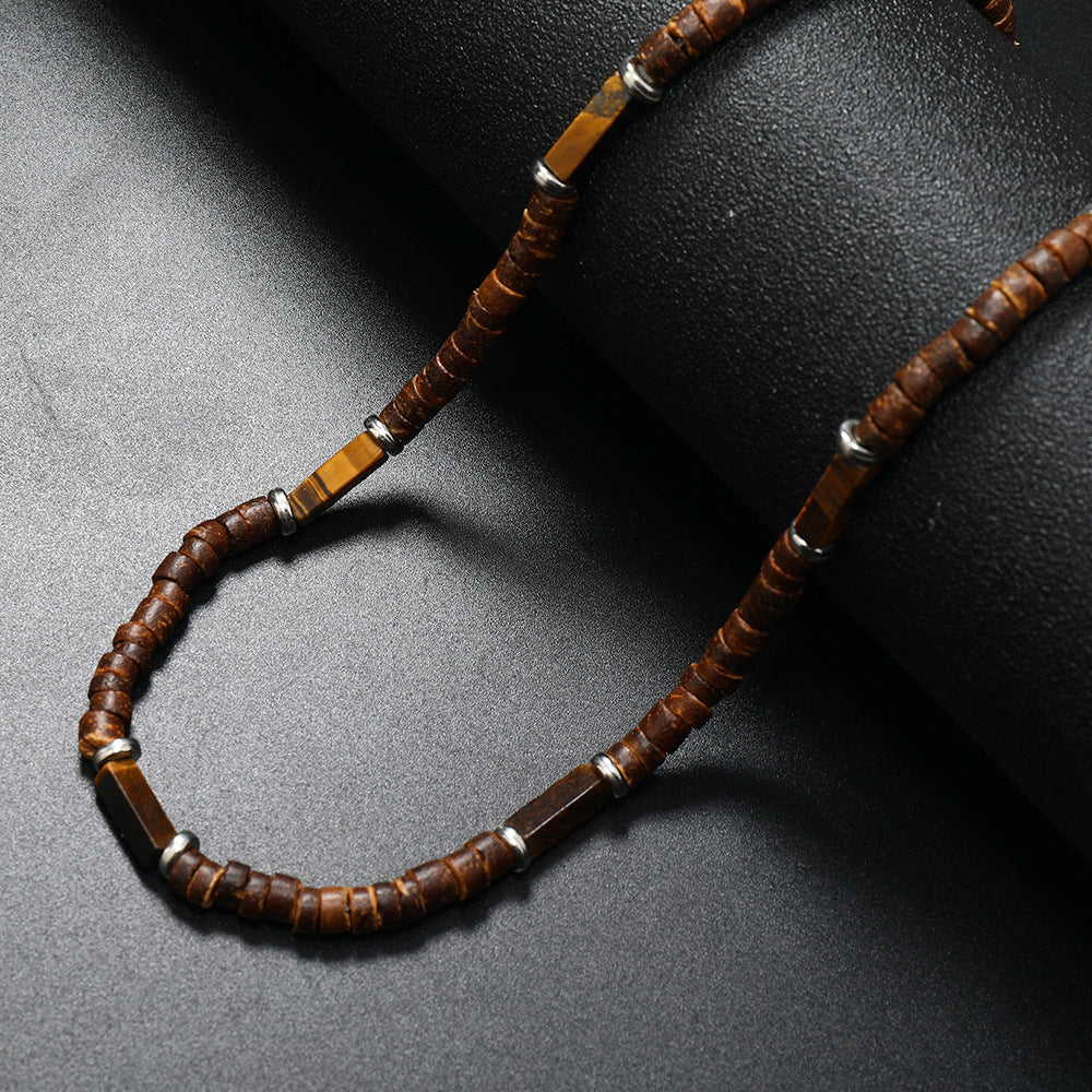 Wholesale Vintage Bohemian Summer Brown nut Shell Wood Bead Natural Stone Necklace for Men