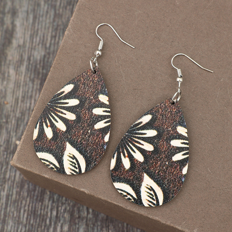 Wholesale Retro Water Drop Printed  Pendant Wooden Ladies Simple Earrings Earrings