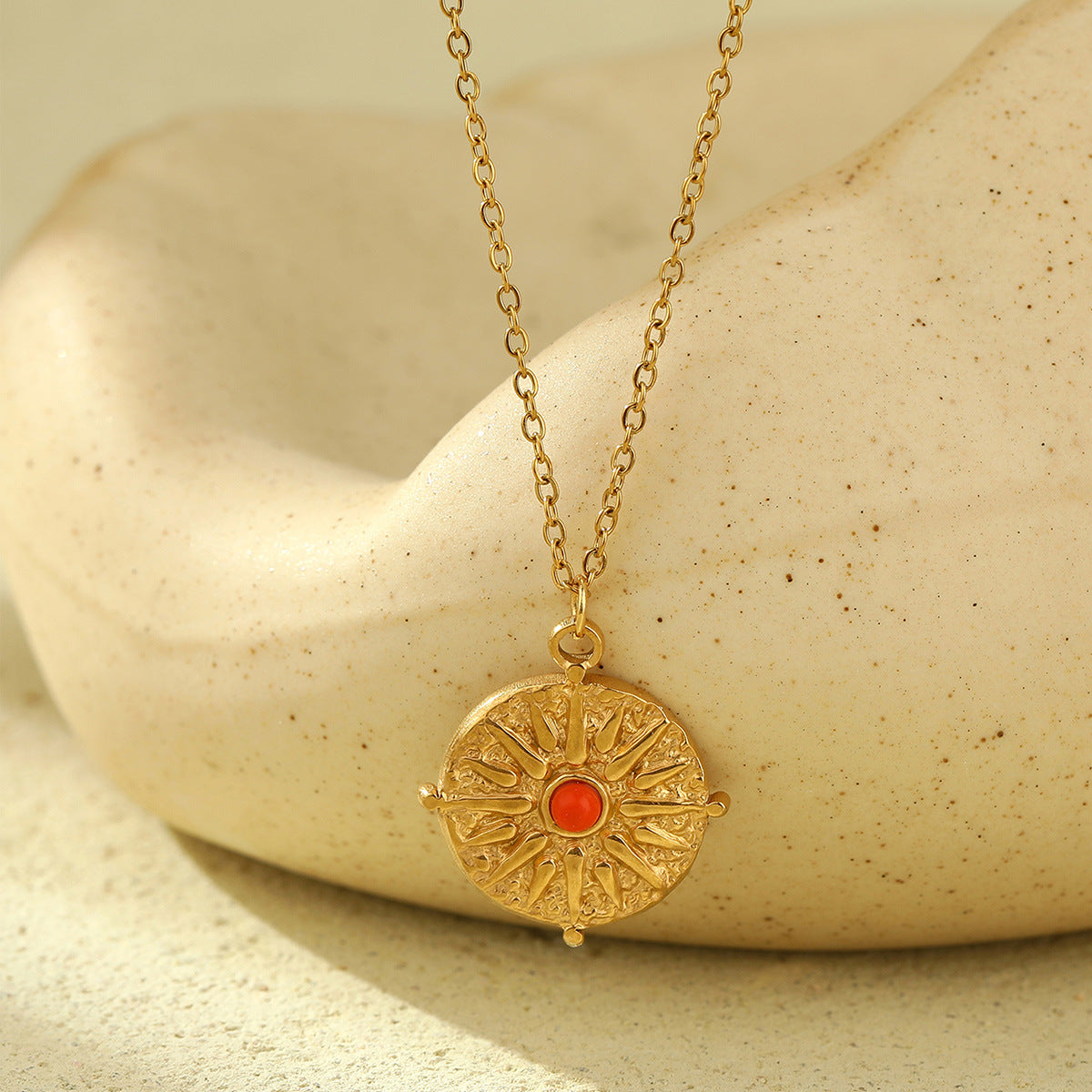 Wholesale  Devil's Eye Sun Moon Disc Natural Stone Pendant 18K True Gold Stainless Steel Necklaces