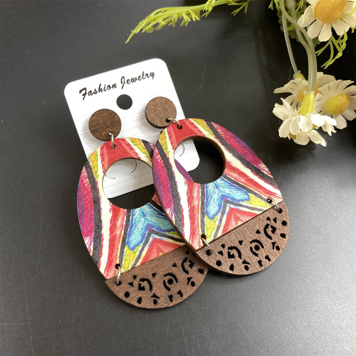 Wholesale Vintage Bohemian Oil Painting Series Wooden Hollow Long Earrings ACC-ES-FX022