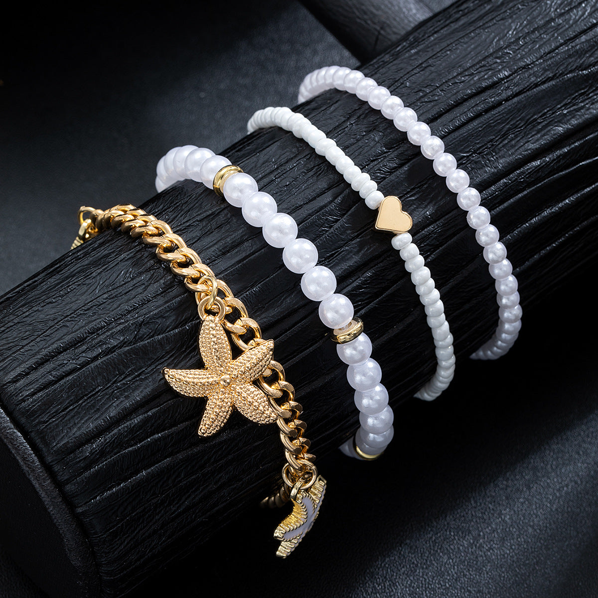 Wholesale Ocean style alloy starfish pendant love white rice pearl multi-layer women's anklet