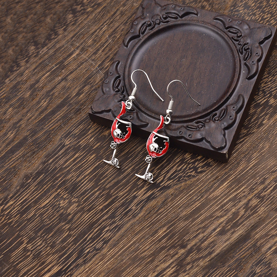 Wholesale Antique Silver Skull Goblet Drop Earrings Retro Punk  Jewelry Accessory Trendy Party Wear For Women
