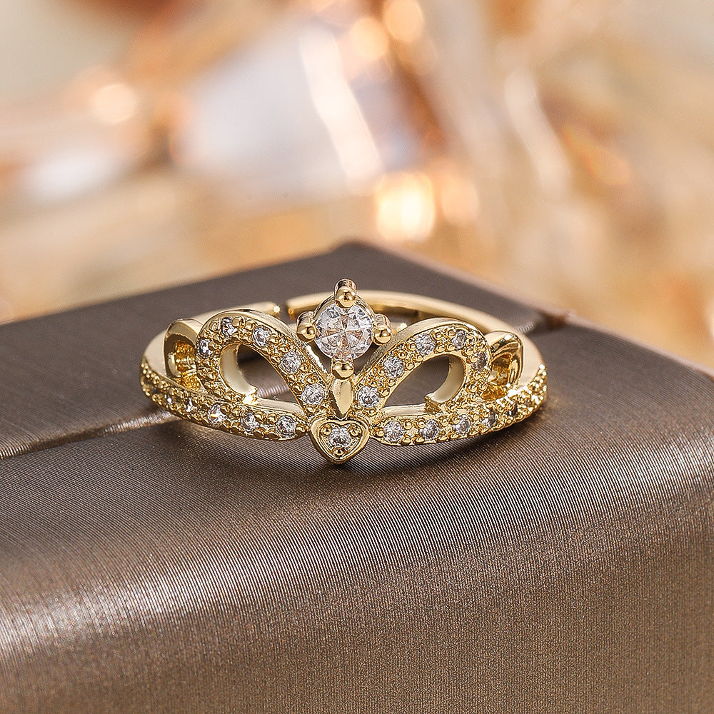 Wholesale Crown Hollowed Adjustable Open Ring Gold Copper Zircon Jewelry Accessory Couple Gift Boutique Resale